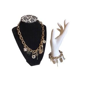 Michael Kors Gold Tone Charm Necklace and Bracelet Set Padlock Key Heart Toggle
